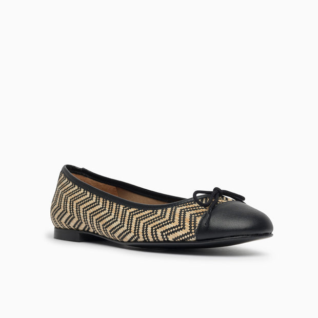 Jon Josef Belle Raffia Ballet Flat in Black-Natural