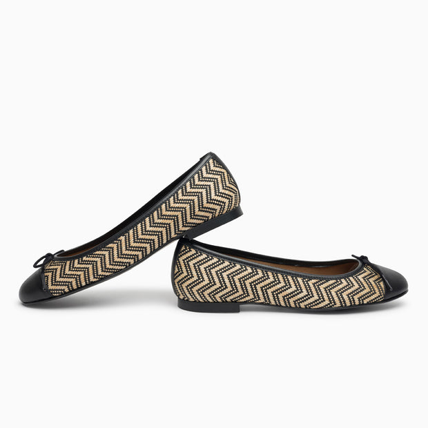 Jon Josef Belle Raffia Ballet Flat in Black-Natural