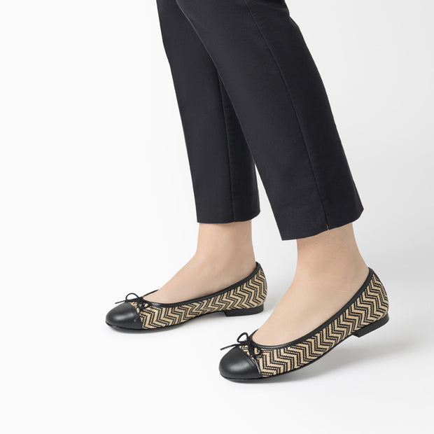 Jon Josef Belle Raffia Ballet Flat in Black-Natural