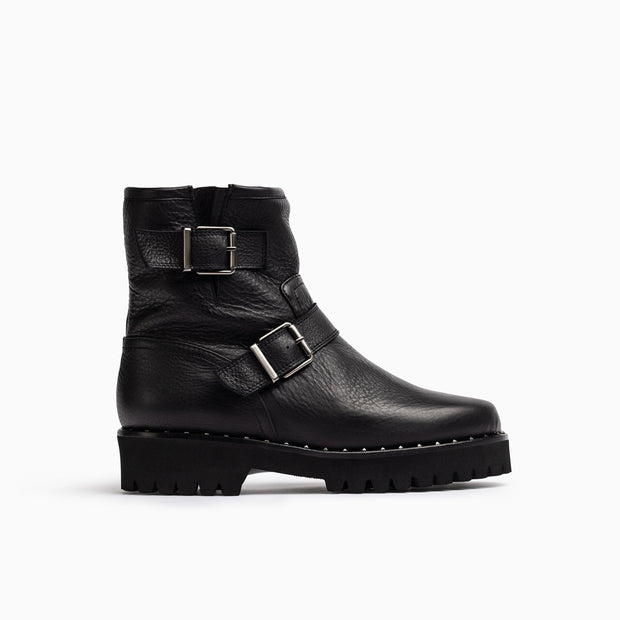 Jon Josef Biker Fur Moto Boot in Black Tumble Leather