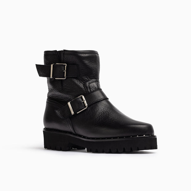 Jon Josef Biker Fur Moto Boot in Black Tumble Leather