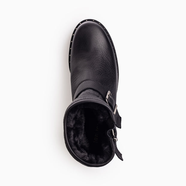 Jon Josef Biker Fur Moto Boot in Black Tumble Leather