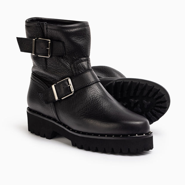 Jon Josef Biker Fur Moto Boot in Black Tumble Leather