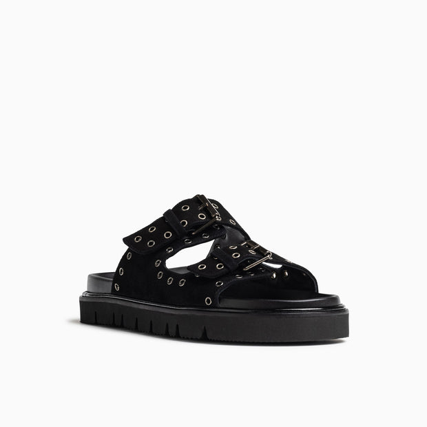 Jon Josef Bold Footbed Sandal in Black Suede