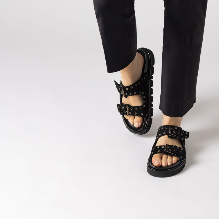 Jon Josef Bold Footbed Sandal in Black Suede