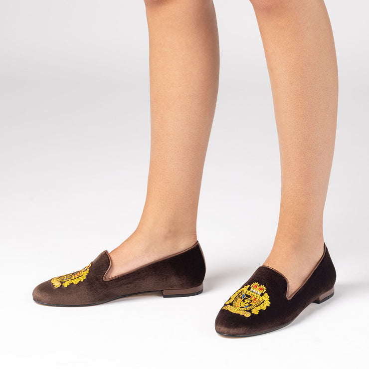 Jon Josef Gatsby Emblem Flat in Brown Velvet