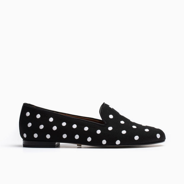 Jon Josef Gatsby Polka Dot Flat in Black Linen