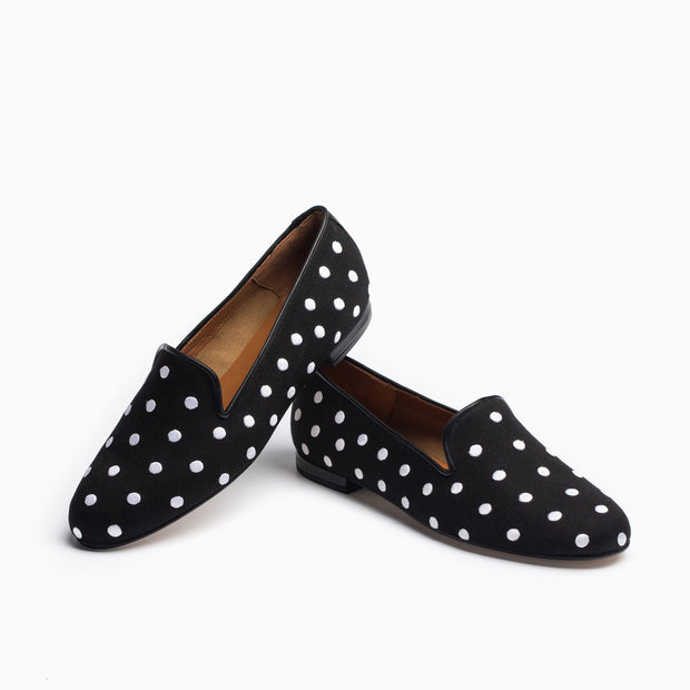 Jon Josef Gatsby Polka Dot Flat in Black Linen