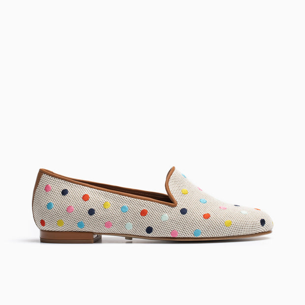 Jon Josef Gatsby Polka Dot Flat in Natural Linen-Multi