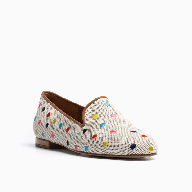 Jon Josef Gatsby Polka Dot Flat in Natural Linen-Multi