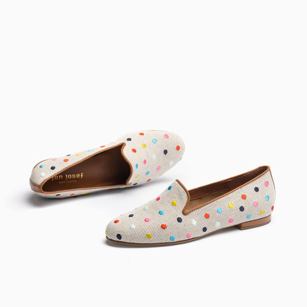 Jon Josef Gatsby Polka Dot Flat in Natural Linen-Multi