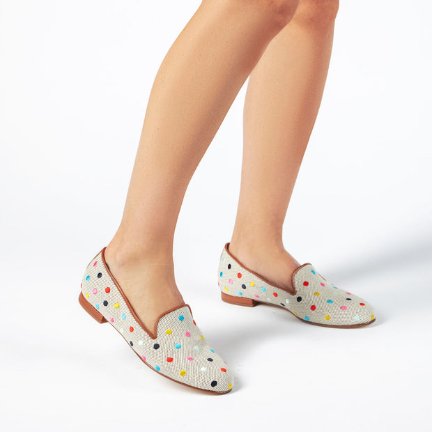 Jon Josef Gatsby Polka Dot Flat in Natural Linen-Multi