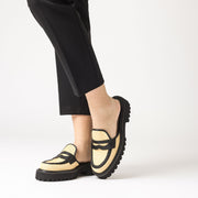 Jon Josef Gold Penny Mule in Natural Black Raffia