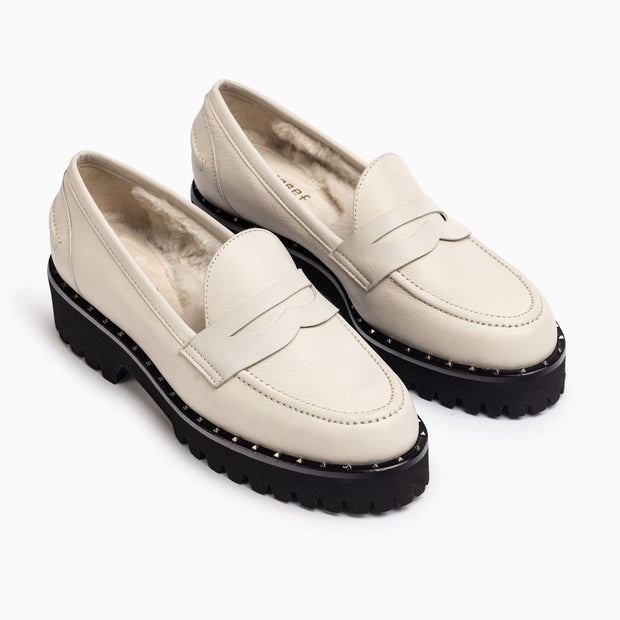 Jon Josef New Penny Fur Loafer in White Tumble Leather
