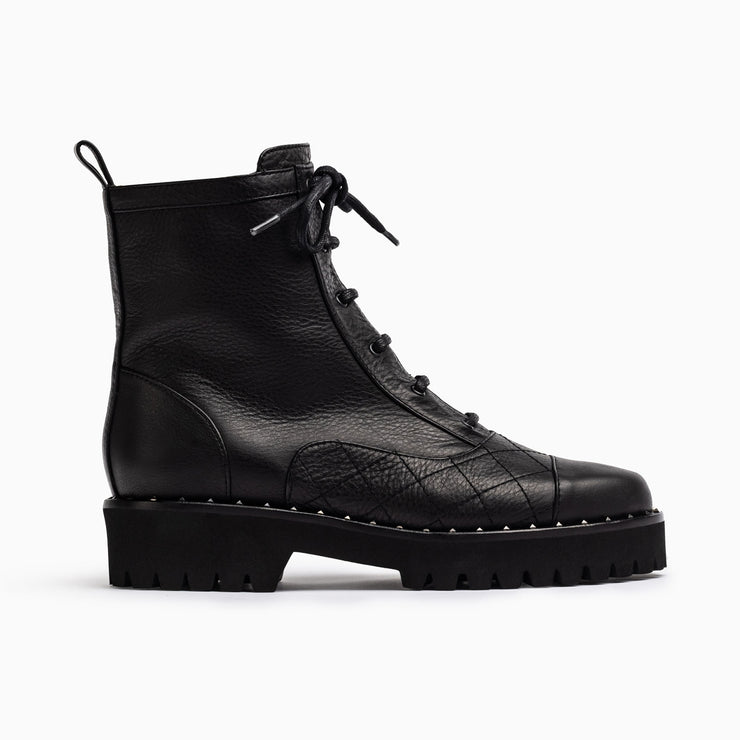 Jon Josef Tara Moto Lug Boot in Black Tumble Leather